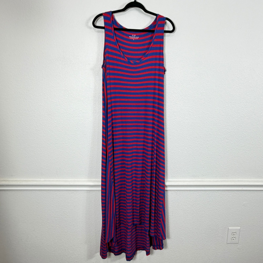 Vineyard Vines Maxi Dress Women L Blue Red Striped High Low Hem Sleeveless Tank